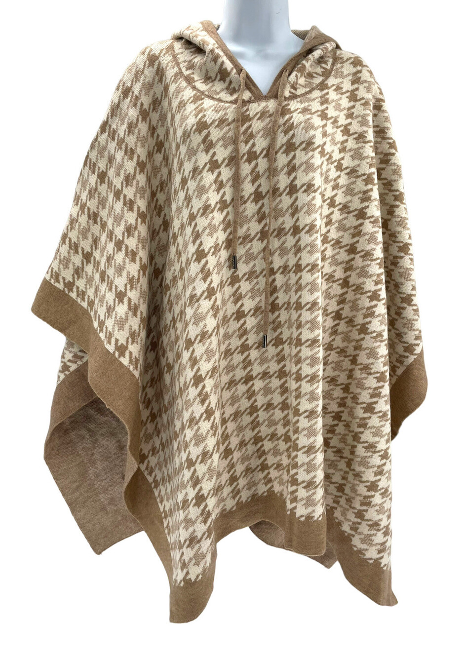 Coco + Carmen Poncho Womens One Size Beige Hooded Houndstooth Knit Cape Layering
